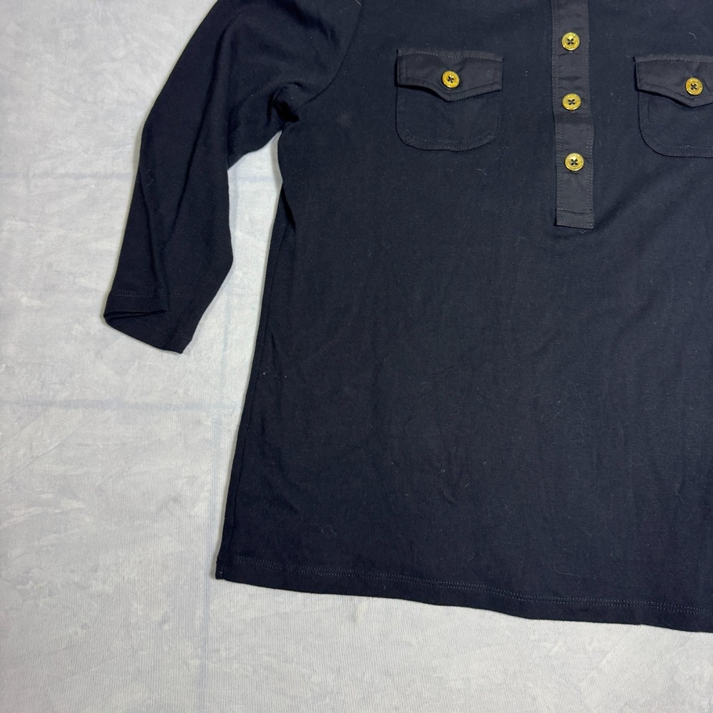 Lauren Ralph Lauren Womens Blouse Top Black‎ Gold Buttons Pocket Henley Neck L - Picture 6 of 15